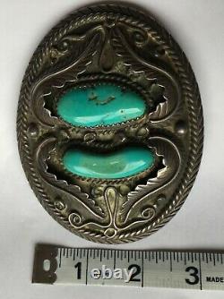 Large Early Navajo Silver & Turquoise Belt Buckle With Tee Pee Hallmark & 925