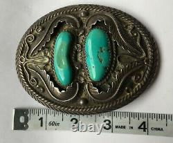 Large Early Navajo Silver & Turquoise Belt Buckle With Tee Pee Hallmark & 925