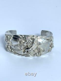 Large Navajo Allen Chee Sterling Silver Eagle Cuff Bracelet Late 20th Early 21st