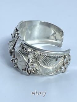 Large Navajo Allen Chee Sterling Silver Eagle Cuff Bracelet Late 20th Early 21st