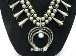 MASSIVE EARLY 20c. NAVAJO TURQUOISE STERLING SQUASH BLOSSOM NECKLACE 30 / 418g