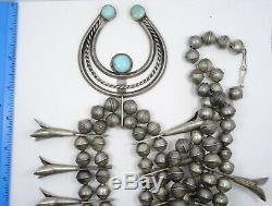 MASSIVE EARLY 20c. NAVAJO TURQUOISE STERLING SQUASH BLOSSOM NECKLACE 30 / 418g