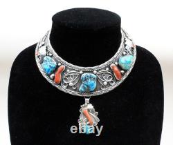 Magnificent Old Early Navajo Turquoise Coral Sterling Silver Collar Necklace