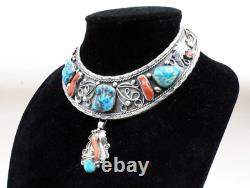 Magnificent Old Early Navajo Turquoise Coral Sterling Silver Collar Necklace
