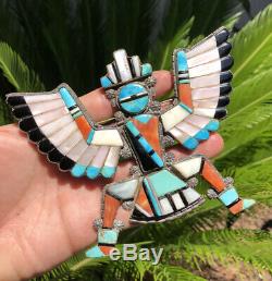 Massive Early Old Zuni Silver Turquoise Knifewing Kachina Bolo Brooch Pendant
