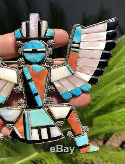 Massive Early Old Zuni Silver Turquoise Knifewing Kachina Bolo Brooch Pendant