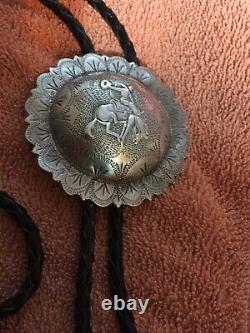 Native American Early Sterling Bolo Tie Cowboy On Bronco Artist Signed JMWBO-1