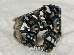 Native American Early Vintage Zuni Inlaid Sterling Silver Rainbowman Bracelet