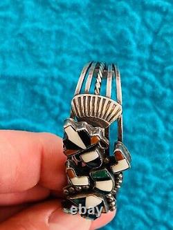 Native American Early Vintage Zuni Inlaid Sterling Silver Rainbowman Bracelet