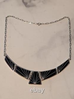 Native American Signed Teme Navajo Sterling Silver Inlaid Onyx Necklace