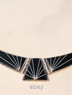 Native American Signed Teme Navajo Sterling Silver Inlaid Onyx Necklace