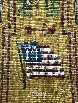 Native American Sioux Seed Beaded Hide Purse American Flag Spinning Logs Early