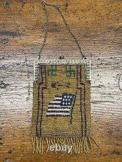 Native American Sioux Seed Beaded Hide Purse American Flag Spinning Logs Early