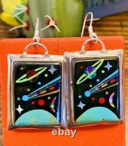 Native American Style Sterling Silver Vintage Micro Inlay Storyteller Earrings