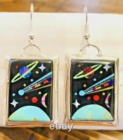 Native American Style Sterling Silver Vintage Micro Inlay Storyteller Earrings