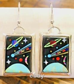 Native American Style Sterling Silver Vintage Micro Inlay Storyteller Earrings