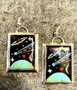 Native American Style Sterling Silver Vintage Micro Inlay Storyteller Earrings