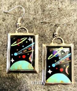 Native American Style Sterling Silver Vintage Micro Inlay Storyteller Earrings