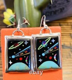 Native American Style Sterling Silver Vintage Micro Inlay Storyteller Earrings