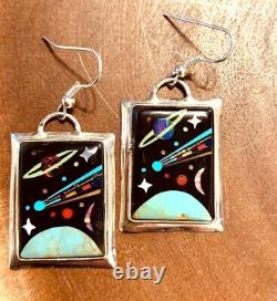 Native American Style Sterling Silver Vintage Micro Inlay Storyteller Earrings