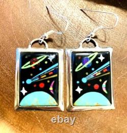 Native American Style Sterling Silver Vintage Micro Inlay Storyteller Earrings