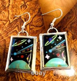 Native American Style Sterling Silver Vintage Micro Inlay Storyteller Earrings