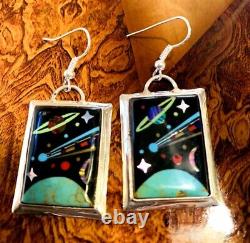 Native American Style Sterling Silver Vintage Micro Inlay Storyteller Earrings