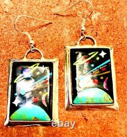 Native American Style Sterling Silver Vintage Micro Inlay Storyteller Earrings