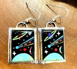 Native American Style Sterling Silver Vintage Micro Inlay Storyteller Earrings