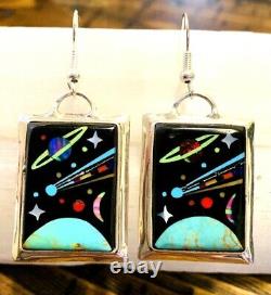 Native American Style Sterling Silver Vintage Micro Inlay Storyteller Earrings