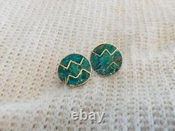 Native American Vintage Zuni Channel Inlaid Sterling Silver Turquoise Cufflinks