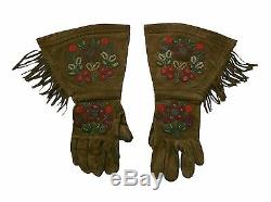 Native American Yakima Beaded Buckskin Gauntlet Gloves US Early 20th Century