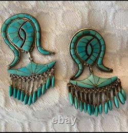 Native American Zuni Ellen Quandelacy Sterling Silver Turquoise Pendant Dangles