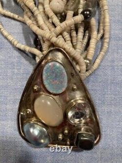 Native American bone beaded necklace sterling pendant opal & other 22 strands