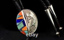 Navajo Bolo Tie Tufa Cast Silver Kokopelli and Mosaic Inlay by Alvin Yellowhorse