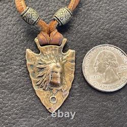 Navajo Brass Indian Chief Portrait Arrow On Brown Leather Necklace