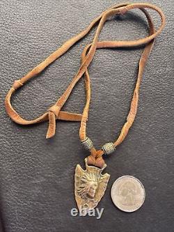 Navajo Brass Indian Chief Portrait Arrow On Brown Leather Necklace