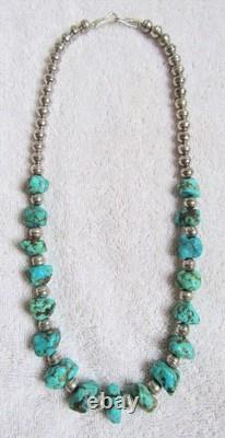 Navajo Indian Bisbee Kingman Turquoise Large Nuggets Silver Bench Beads Necklace