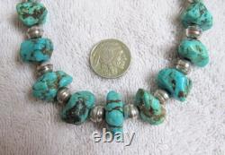 Navajo Indian Bisbee Kingman Turquoise Large Nuggets Silver Bench Beads Necklace