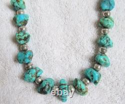 Navajo Indian Bisbee Kingman Turquoise Large Nuggets Silver Bench Beads Necklace