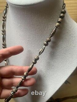 Navajo Pearls And Melon Seed Bead Necklace, Early Vintage, Sterling Silver! 24