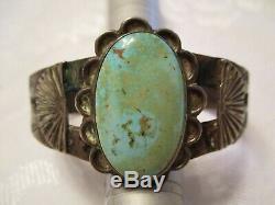 OLD PAWN Vintage CHISEL CUT Early TURQUOISE & COIN SILVER Cuff BRACELET