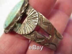 OLD PAWN Vintage CHISEL CUT Early TURQUOISE & COIN SILVER Cuff BRACELET