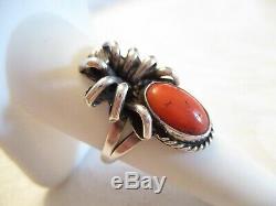 OLD PAWN Vintage RED CORAL Sterling Silver SPIDER Early Navajo RING sz 7.5