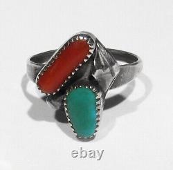 Old Early 1950s Simplicio Zuni Blue Gem Turquoise Coral 925 Silver Ring 6