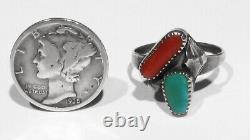 Old Early 1950s Simplicio Zuni Blue Gem Turquoise Coral 925 Silver Ring 6