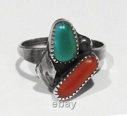 Old Early 1950s Simplicio Zuni Blue Gem Turquoise Coral 925 Silver Ring 6