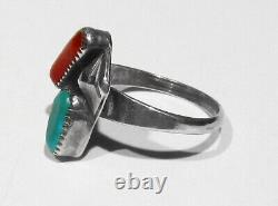 Old Early 1950s Simplicio Zuni Blue Gem Turquoise Coral 925 Silver Ring 6