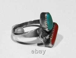 Old Early 1950s Simplicio Zuni Blue Gem Turquoise Coral 925 Silver Ring 6