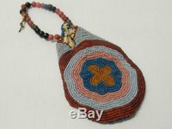 Old Early Antique Plains Cree Indian Pouch Contour Beaded Padre, Brass, Etc Bead